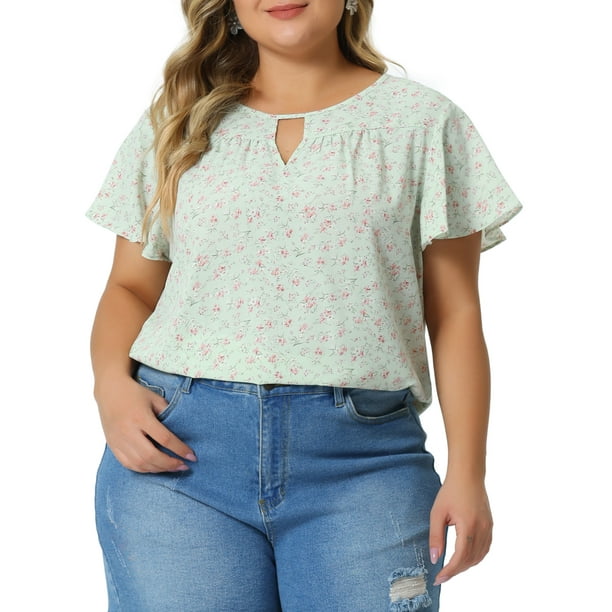 GRACE & GRANDEUR Camisa Blusa de Chiffon Floral de Manga Corta con Escote en Llave para Mujeres Talla Grande 3X Verde Claro