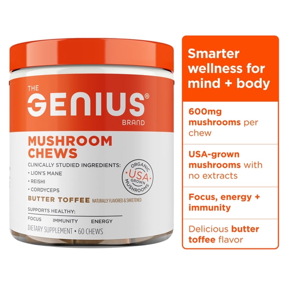 The Genius Brand Genius Mushroom - Plant-Based Supplement for Immune, Focus & Energy Support - Lion's Mane, Cordyceps & Reishi - Organic & Non-GMO - Butter Toffee - 60 Soft Chews