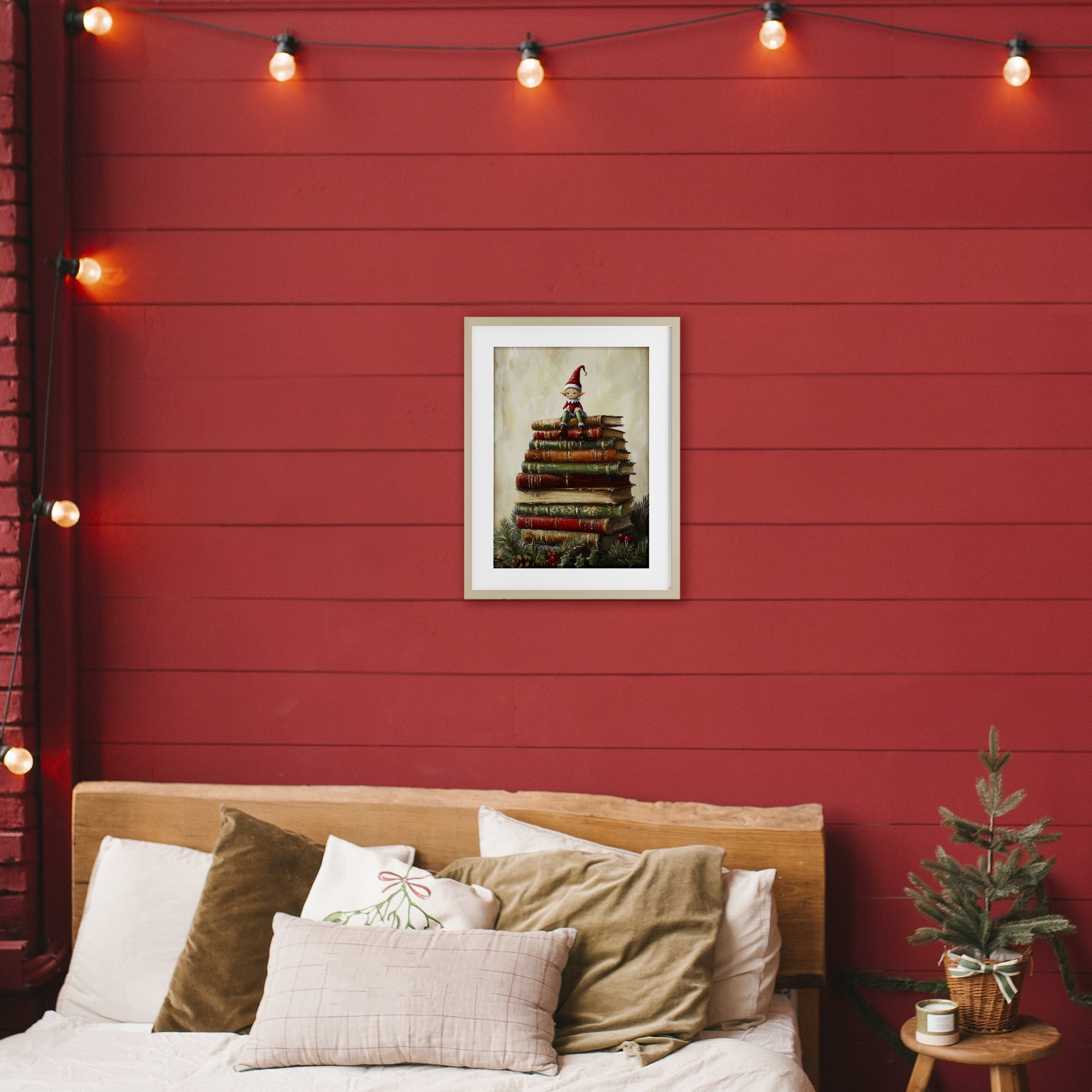 Christmas Elf Bookstack Birch Framed Print Under Glass, design by Petal Prints Design