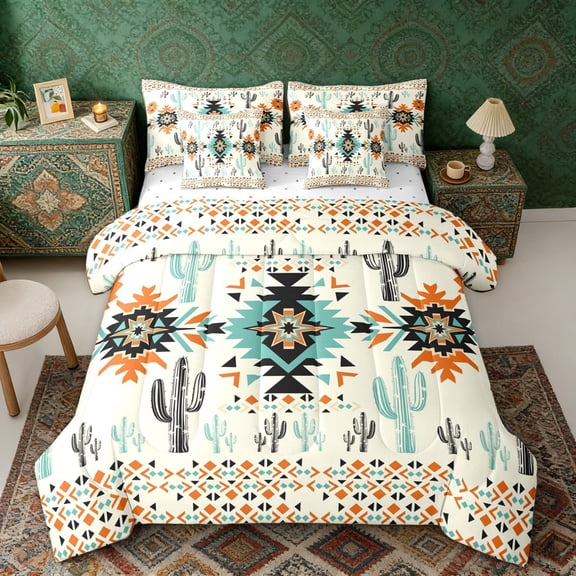 Erosebridal Beige Teal Black Aztec Twin Bedding Sets, Bohemian Cactus Bedding Comforter Set, Reversible 7pcs
