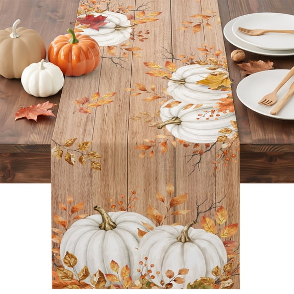White Pumpkins Fall Table Runner - 48 Inch Long Thanksgiving Botanical Wooden Vintage Cotton and Linen Blended Dress Scarves Farmhouse Table Runner for Kitchen Dining, Coffee Table, 13" x 48"