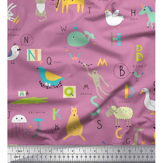 Soimoi Modal Satin Fabric Alphabets,Birds & Animals Kids Decor Fabric Printed Yard 42 Inch Wide
