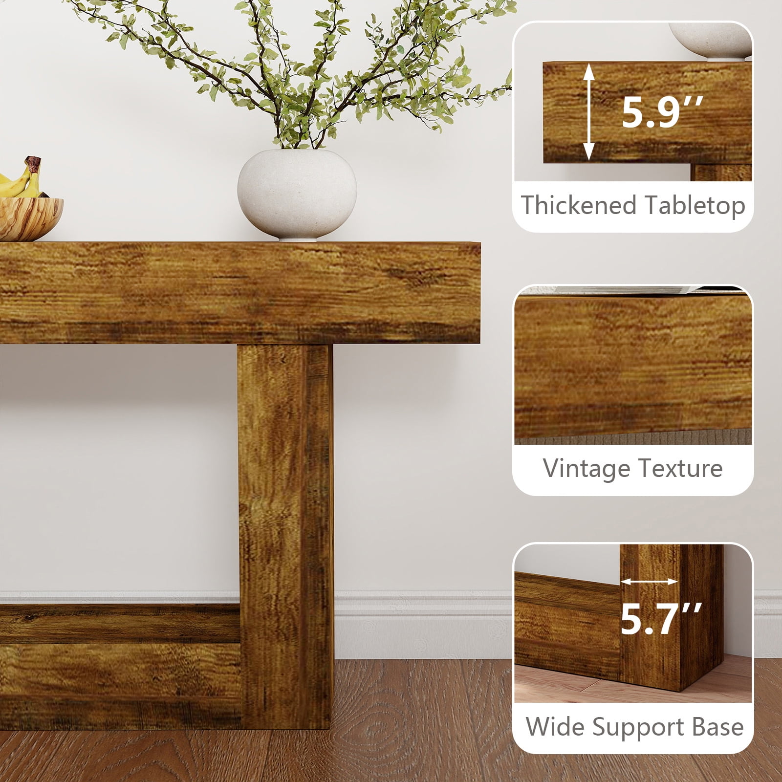 Hommoo 63" Wooden Console Table, Farmhouse 2-Tier Sofa Table, Entryway Table Hallway Table, Rustic Brown
