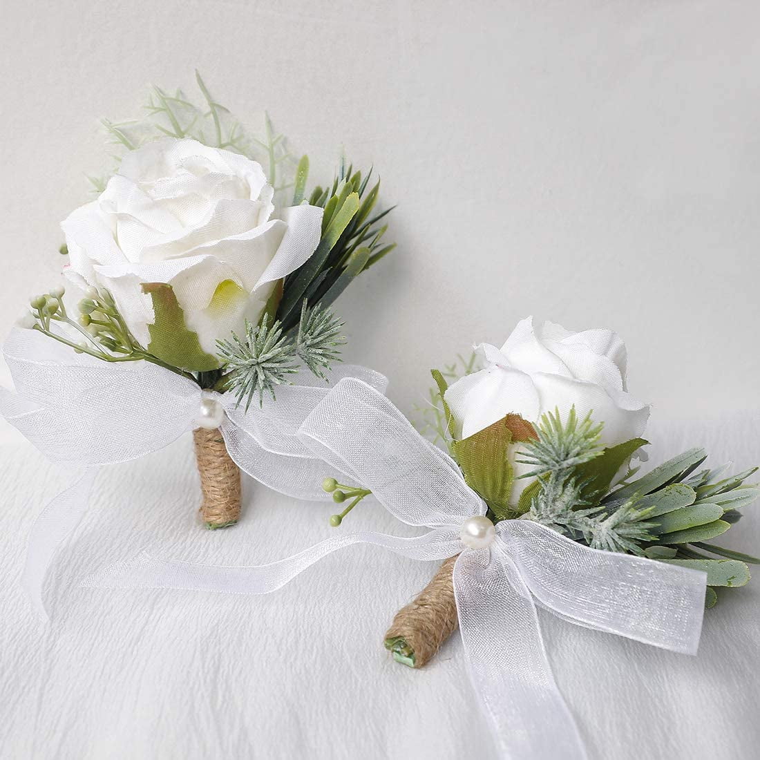 White Rose Buttonhole's with Fern & Gyp Free P&P Wedding Flowers 30 x Ivory 