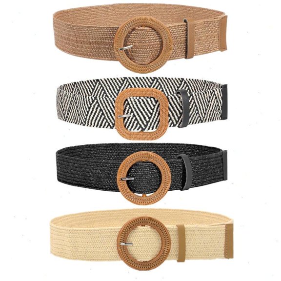 4PCS Straw Woven Elastic Stretch Belts Women Raffia Dress Waist Band Boho Ladies Braided Dress Belts