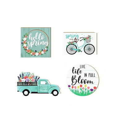 Designice 4-Piece Spring Wooden Truck Decor Set,Handcrafted Pine Wood Tray Ornaments,Rustic Tabletop Home Decoration