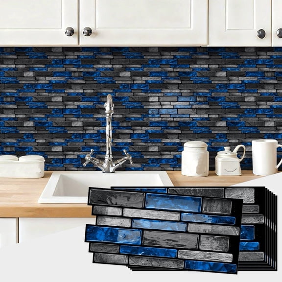 10Pcs Blue Black Gray Marbling 3D Tiles Stickers 4.72x9.69inch DIY Decor Mosaic Wall Decals Self Adhesive Waterproof Peel and Stick Backsplash