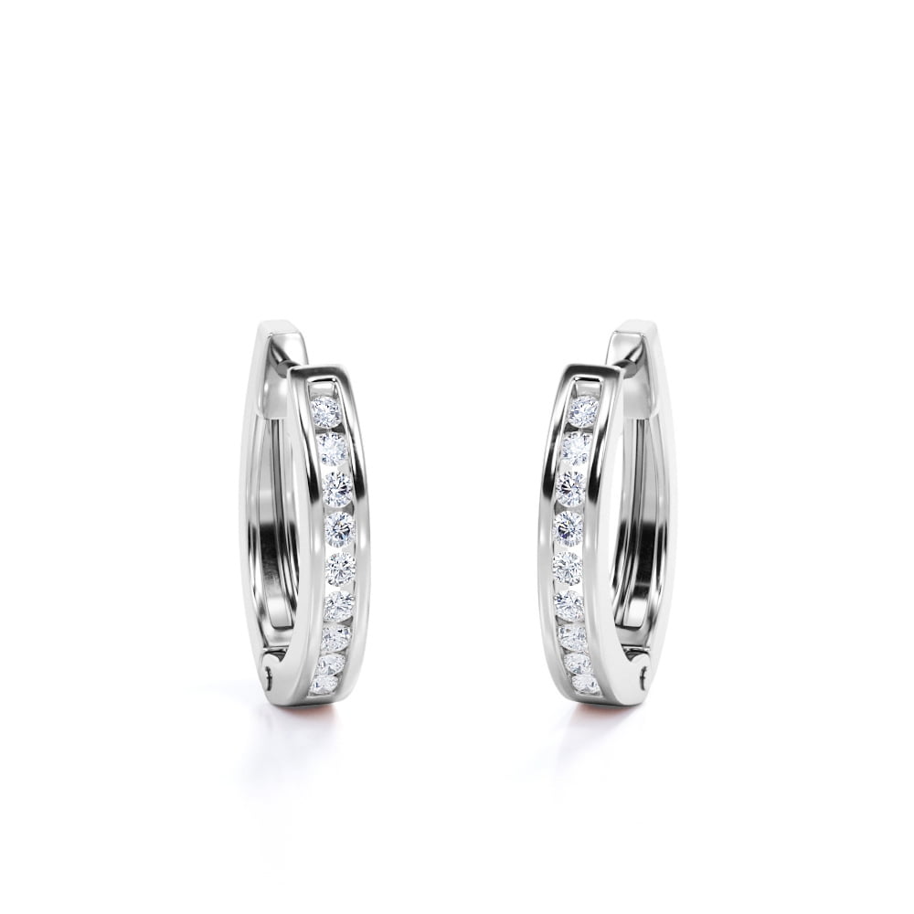 Classic Pave-Channel 0.5 Carat Round Cut Diamond Semi-Eternity Chunky Hoop Earrings in 18K White Gold Plating over Silver