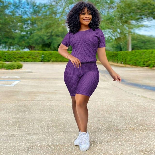 Ensemble de Yoga 2 Pcs pour Femmes, T-Shirt à Manches Courtes Texturé à Bulles, Legging Anti-Cellulite Taille Haute