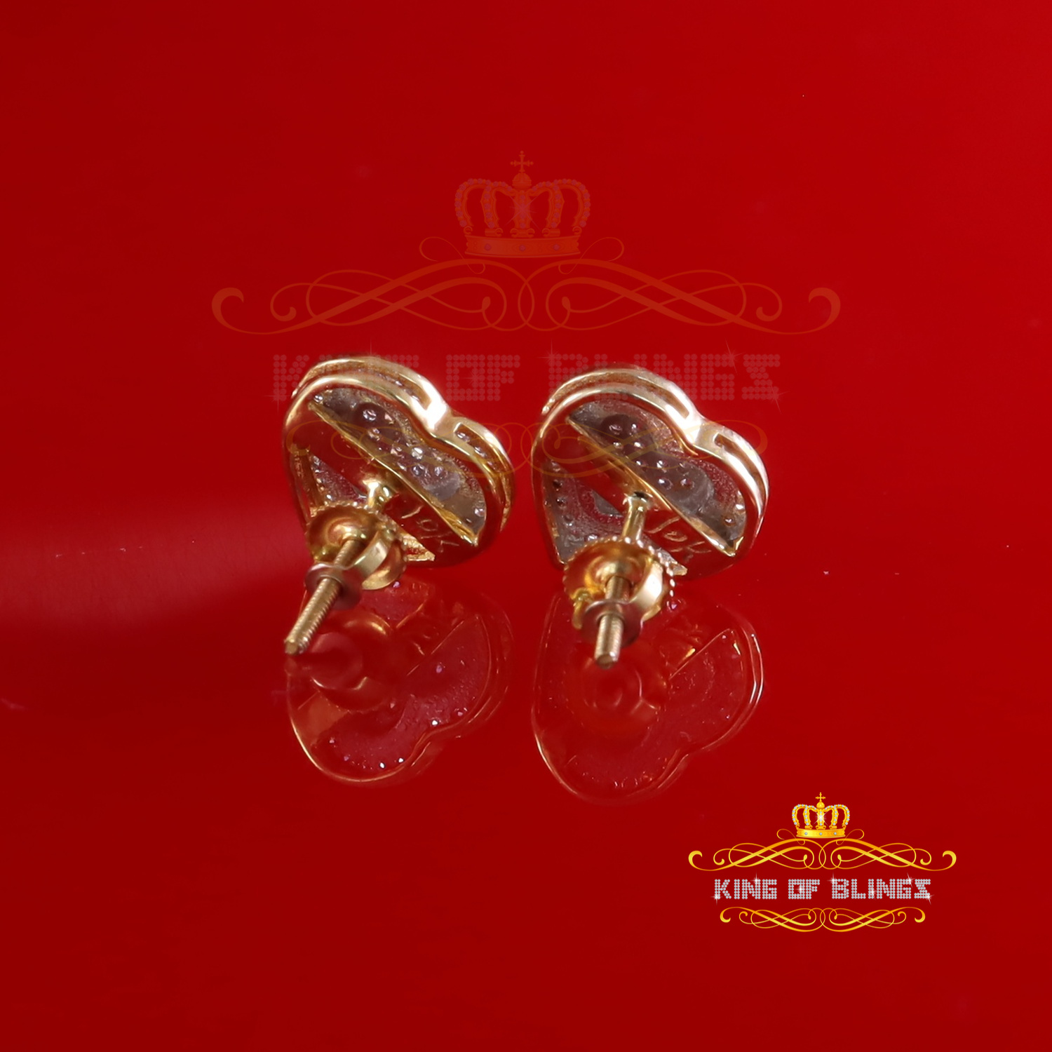 King of Bling's Real 10K Yellow Gold Heart Stud Earring with 0.25CT Diamond For Women And Men