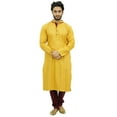 thumbnail image 2 of Atasi Men's Yellow Cotton Satin Kurta Pyjama Long Ethnic Indian Shirt-Small, 2 of 7