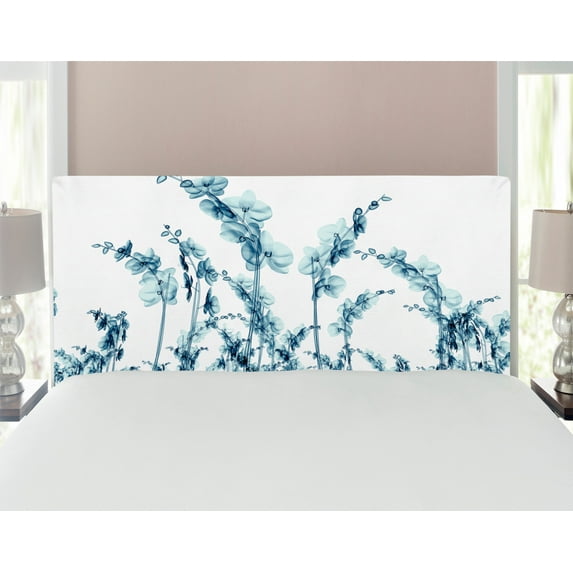 Flower Headboard, X-ray Photo of Group of Wild Orchid Floral Image Unsual Art Elements Print, Upholstered Decorative Metal Bed Headboard with Memory Foam, Full Size, Teal White, by Ambesonne