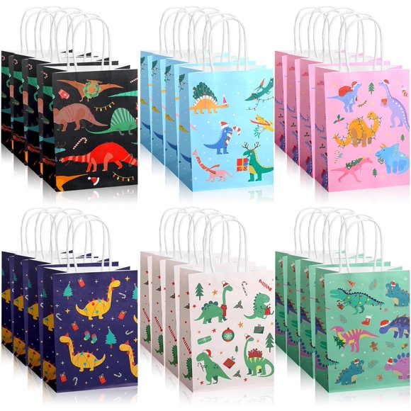 24 Pcs Christmas Dinosaur Gift Bags Xmas Dino Party Favor Bags with Handle Goodie Candy Treat Package for Holiday Favor Birthday Decorations Party Supplies 8.3 x 6 x 3.2 Inch