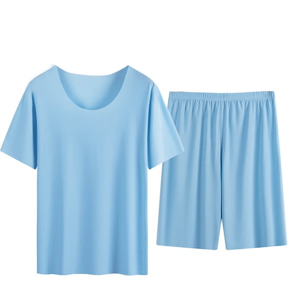 Wdfiry Men Pajama Shorts Set Short Sleeve Sleep Set Crewneck PJ Set 2Pcs Set Sleepwear Nightwear