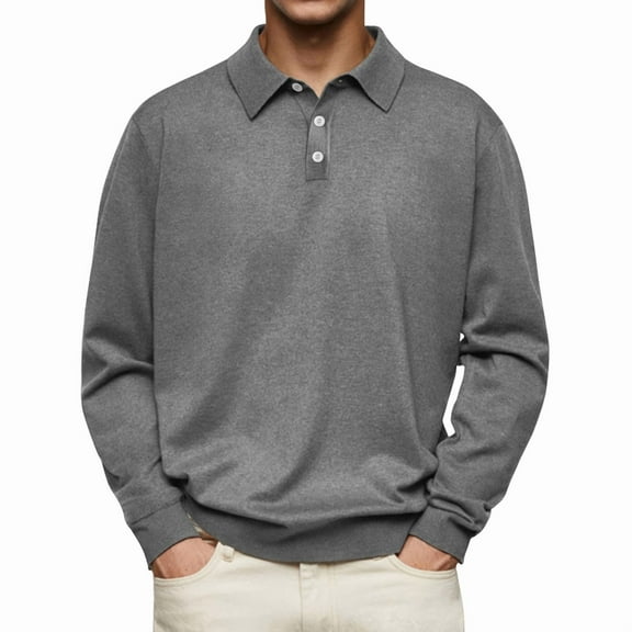 Mens Knit Shirts Casual Long Sleeve Classic Shirts Button Down Golf Shirts Gray L