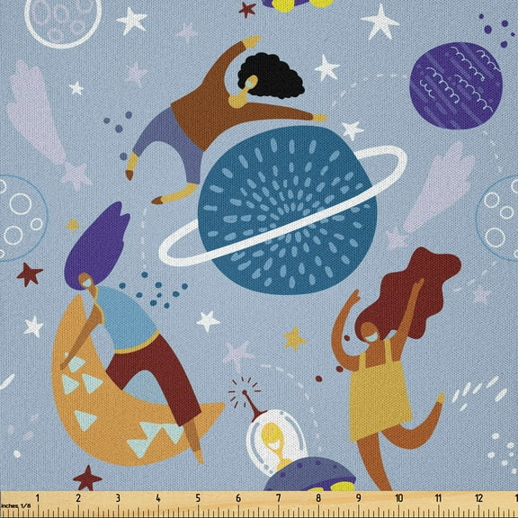 Ambesonne Space Fabric by the Yard Microfiber, Ladies with Moon Planet Star, 10 Yards, Dark Sky Blue Quartz