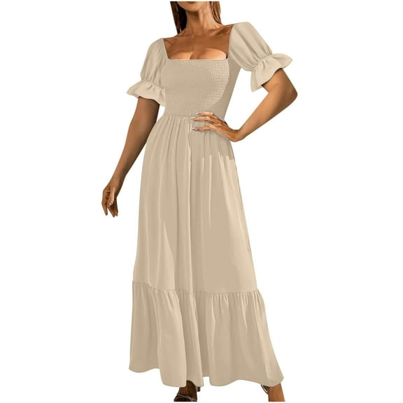 Usmixi Summer Dresses for Women Short Sleeve Square Neck Solid Maxi Sun Dress Elastic Waist Ruffle Swing Prom Formal Dresses Beige M Up to 65% off