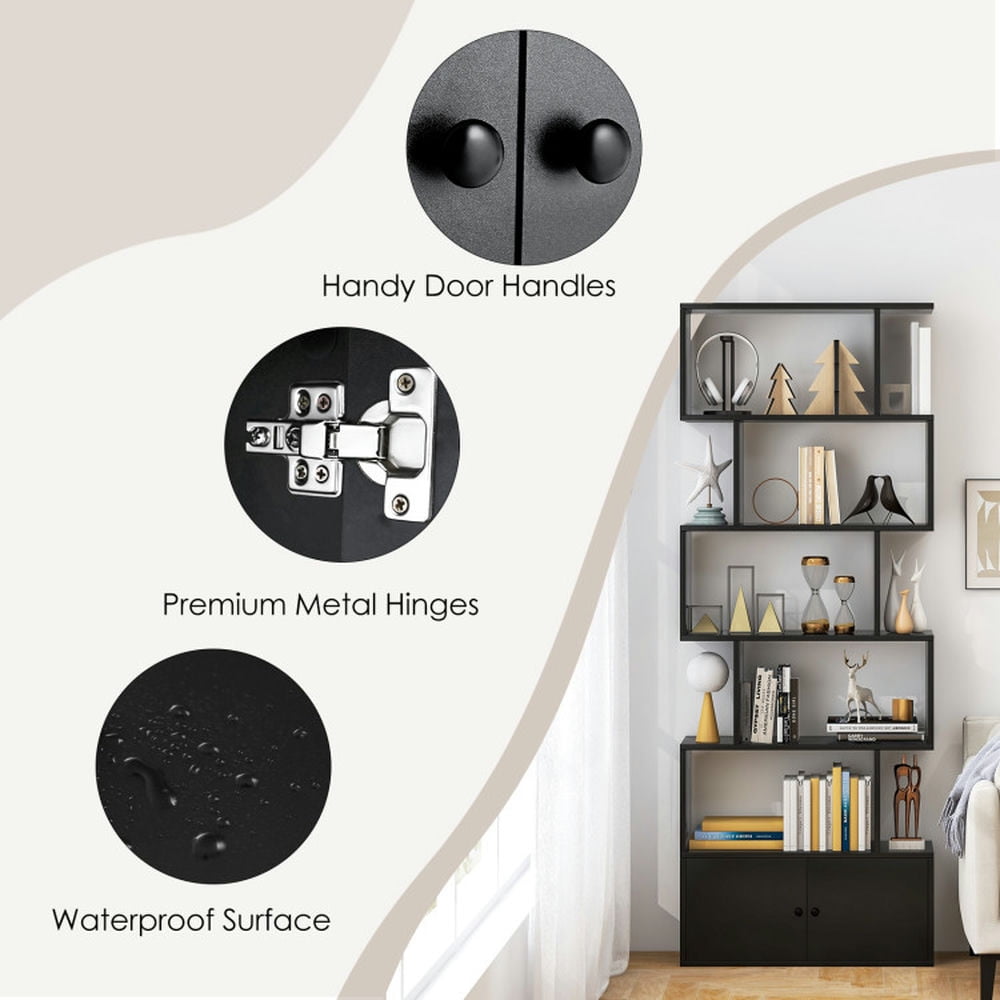 Demi Bonn 6-Tier S-Shaped Freestanding Bookshelf, Bookcase with Storage Cabinet and Doors, Black