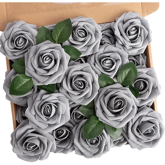 PE Foam Artificial Flowers 8CM Simulation Rose Flower 25pcs Real Looking Blush Foam Fake Roses with Stems For DIY Wedding Bouquets Bridal Shower Centerpieces Party Decorations(Gray)