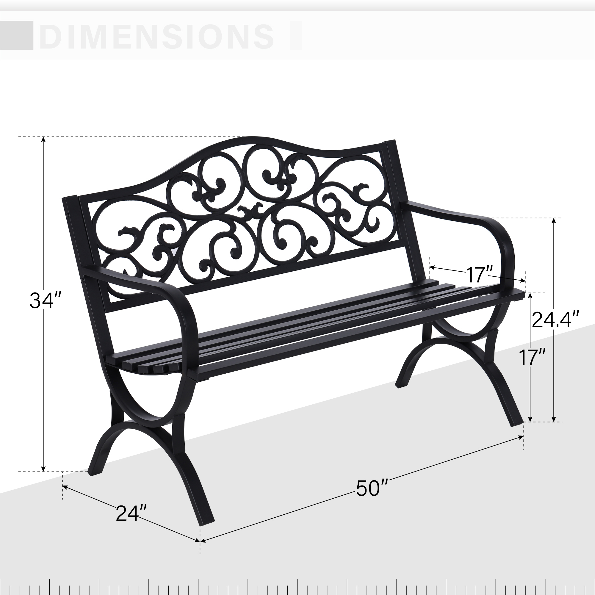 Summit Living 50" Outdoor Garden Bench Chairs, Cast Iron Metal Frame Patio Park Bench, Black