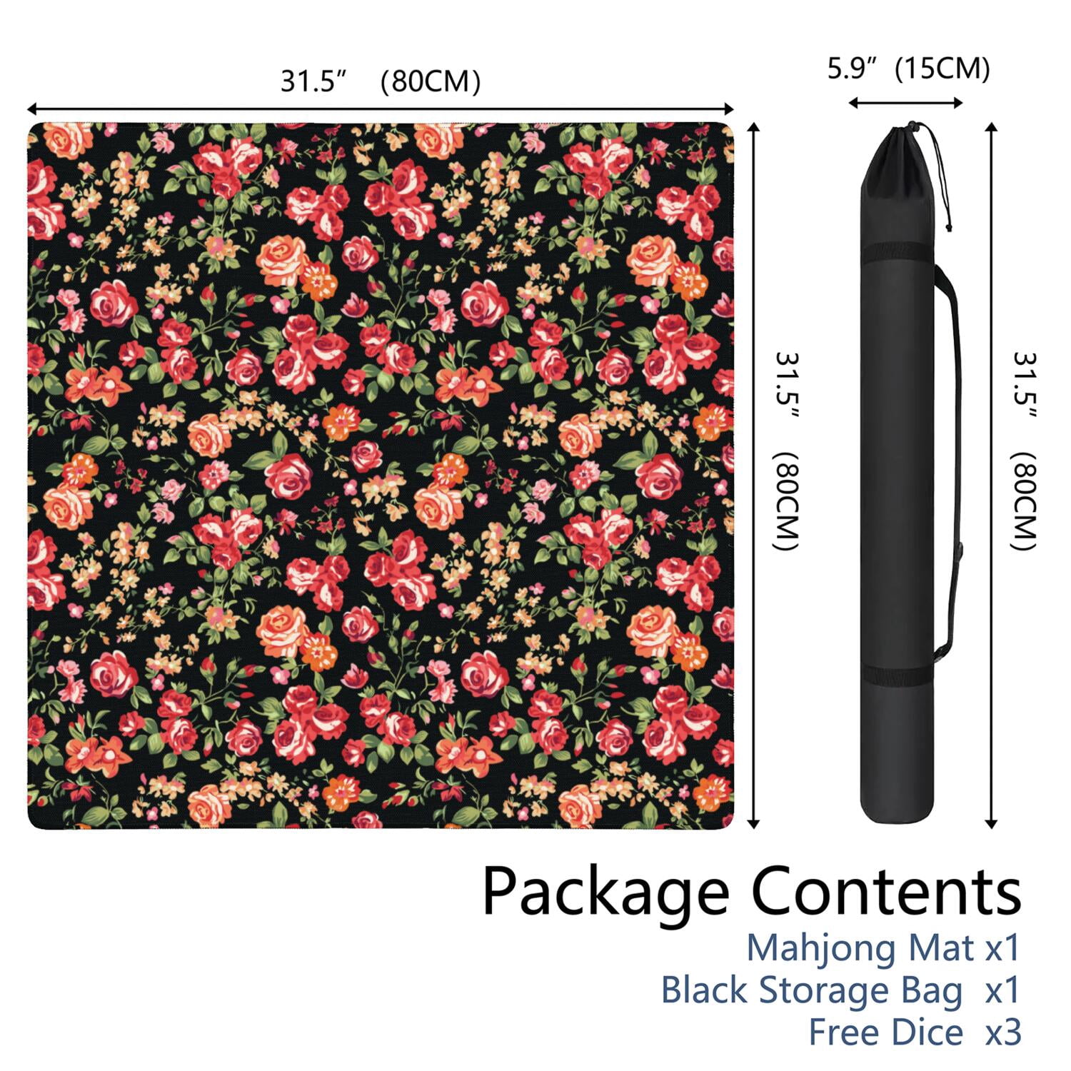Floral Mahjong Table Gaming Mat 31.5x31.5 Inches Rubber Construction Provides Secure Surface for Tiles and Game Pieces