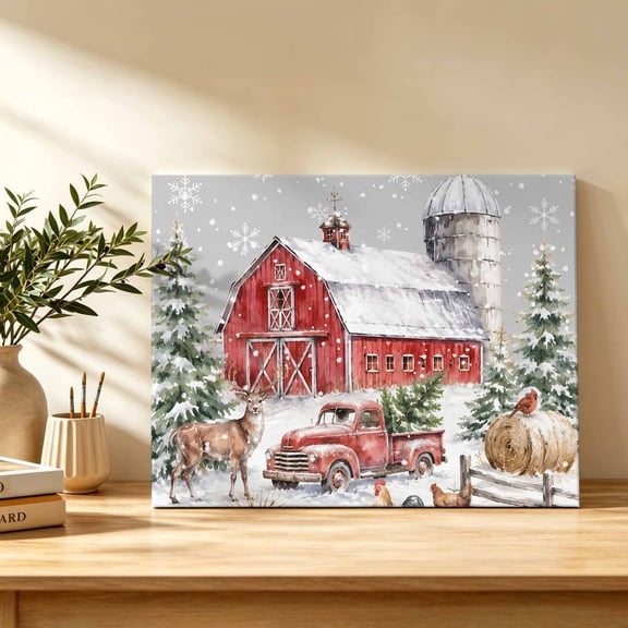 Christmas Winter Canvas Wall Art, Farmhouse Country Red Barn Truck Reindeer Gray Wall Art Prints Artwork Framed Canvas Ready to Hang Art Pictures for Bathroom Bedroom Entry Desk Corner 10" x 8"