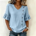 thumbnail image 4 of ClodeEU Women's V Neck Flared 3/4 Sleeve Blouse,Asymmetric Side Button Solid Color Casual Top Blue,Women's Plus L, 4 of 8
