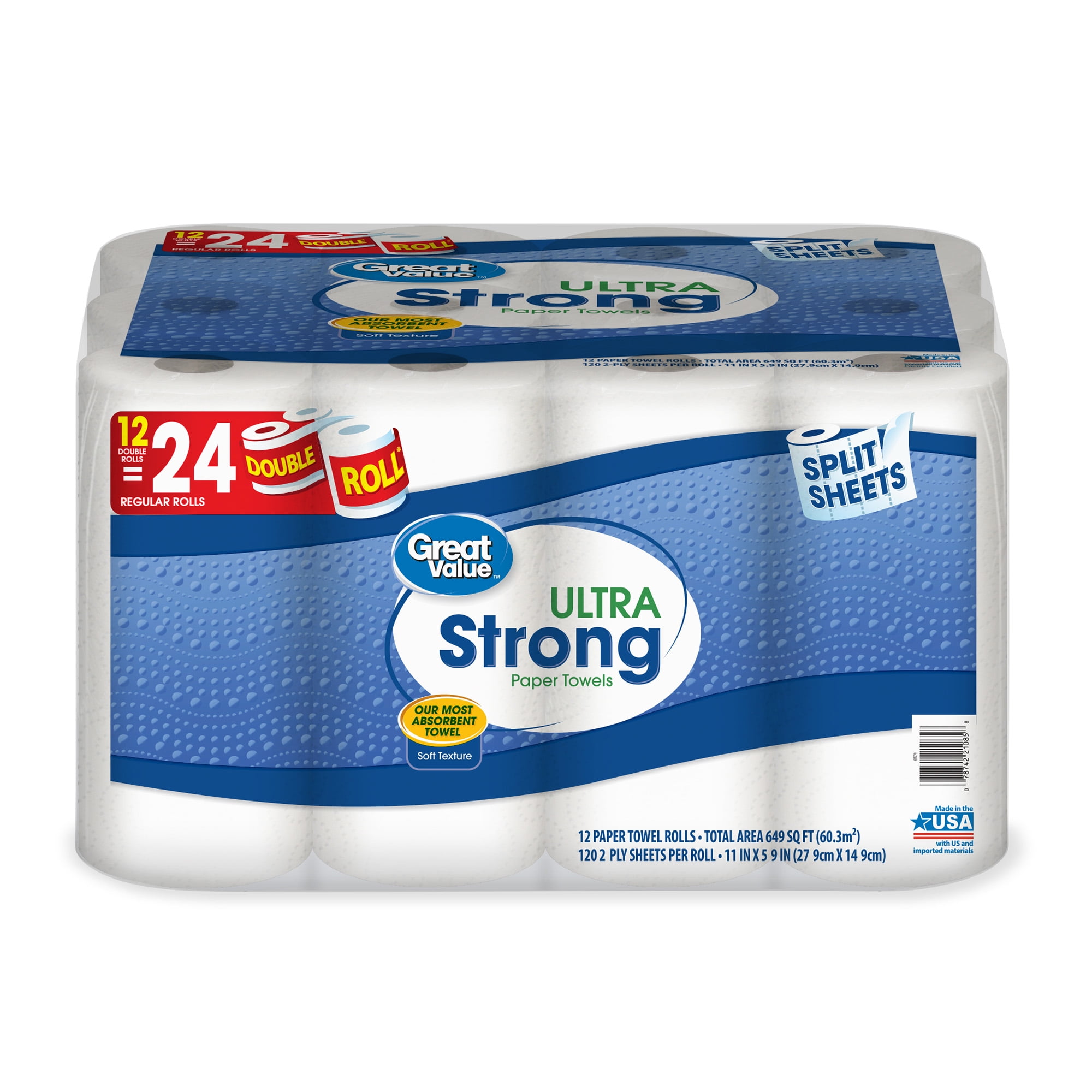 Great Value Ultra Strong Paper Towels, Split Sheets, 12 Double Rolls ...