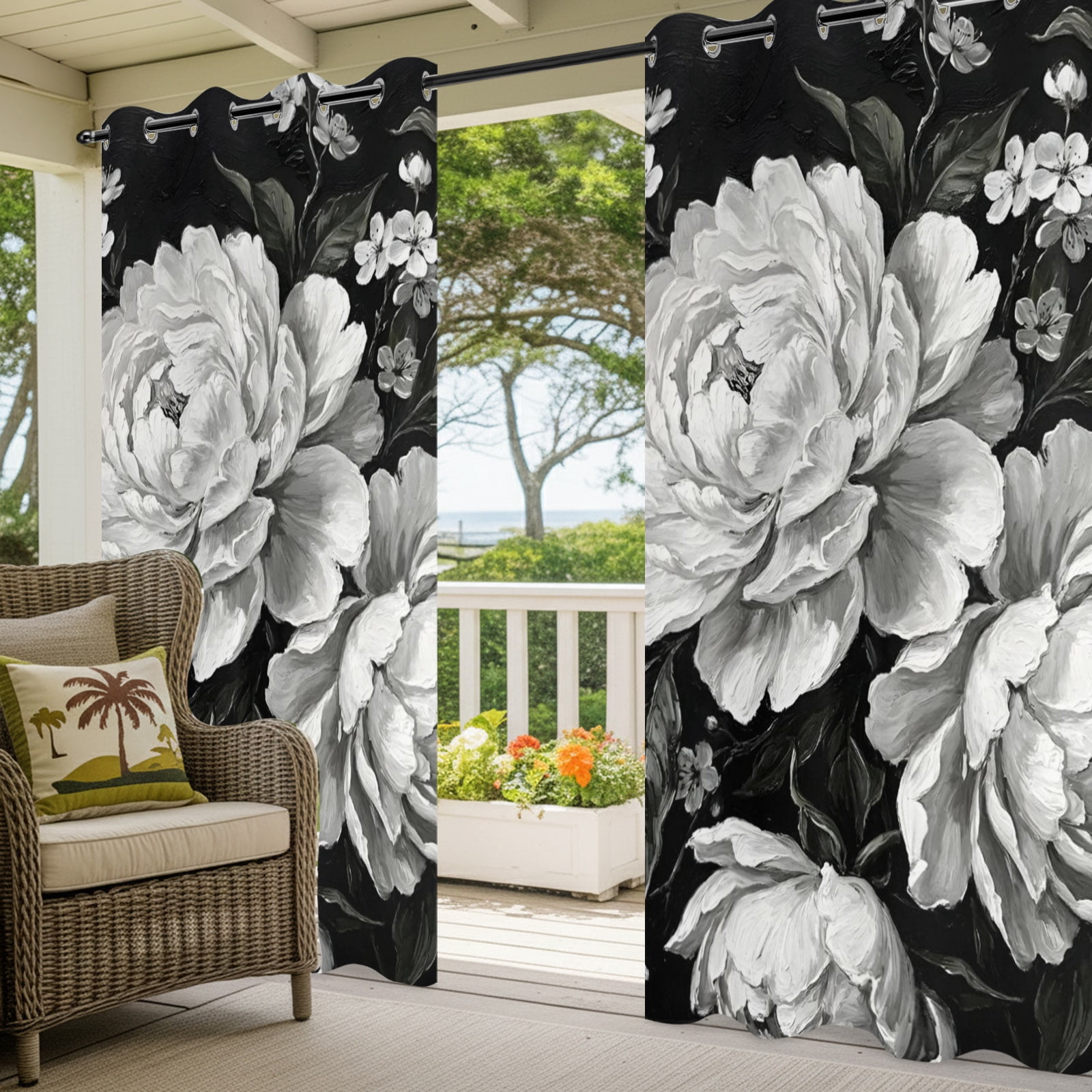 Blooming Peony Outdoor Curtains for Patio, Floral Black White Plant Sunshade Privacy Drapes Grommet Waterproof Outside Curtains for Porch/Cabana/Balcony 54"x 108", 1 Panel