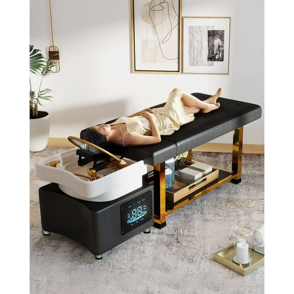 Artist Hand Massage Shampoo Bed with Head Spa Bowl,LED Lights Therapy,Water Circulation,Constant Temperature,Salon Beauty Backwash Unit(Black & Gold)