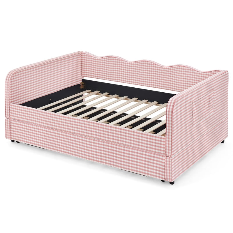Full Size Daybed with Pop Up Trundle, Gingham Twin to King Daybed with Side Storage Pockets, Upholstered Sofa Bed Frame for Living Room Bedroom, No Box Spring Needed