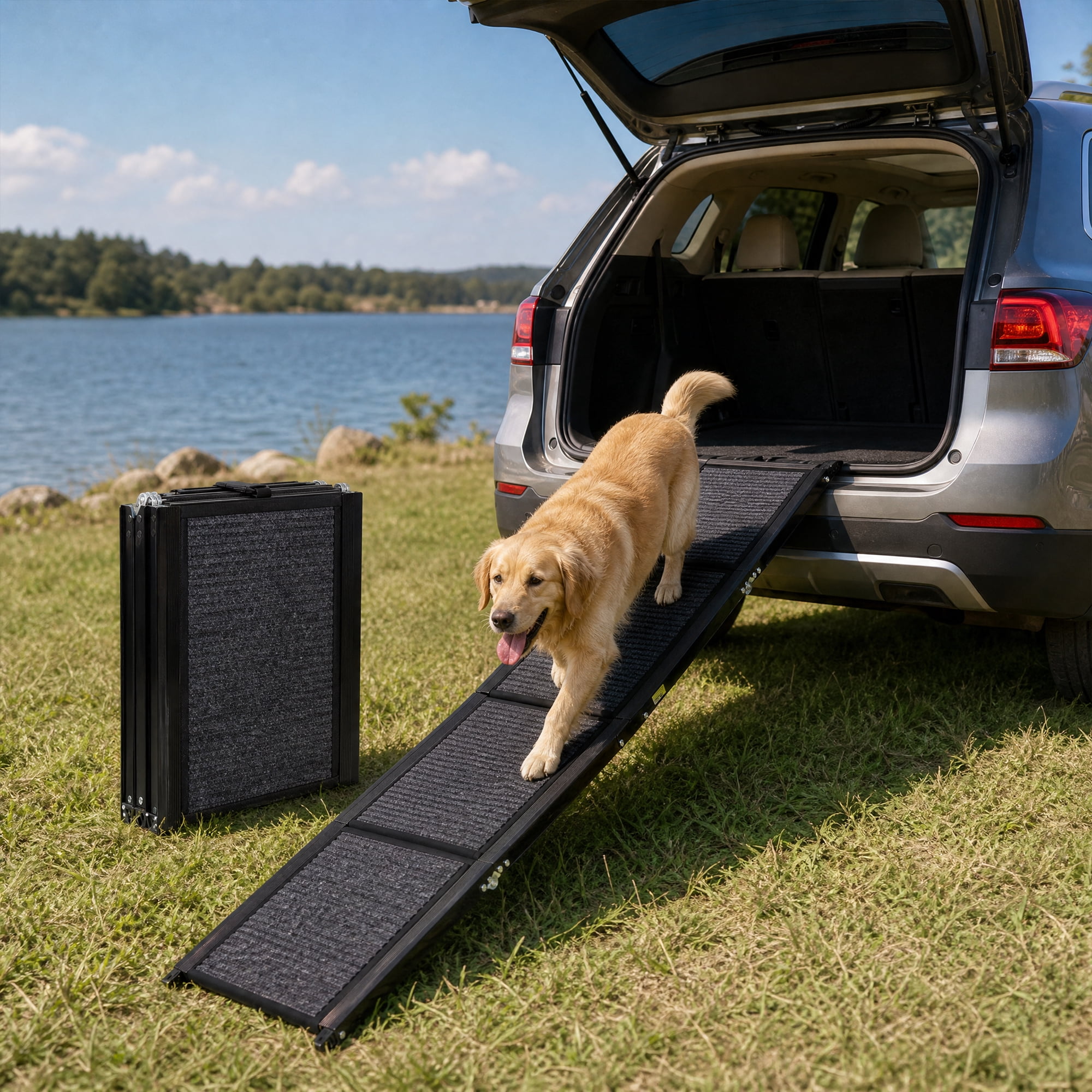Folding Dog Ramp for Car, Portable Pet Ramp with Non-Slip Felt Rug Surface, Supports Up to 150 LBS, Wide Stable Pet Car Ramp for Medium Large Dogs, SUV, Truck & Outdoor Travel