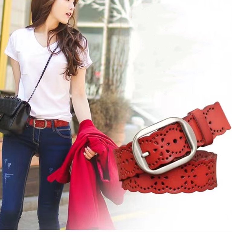 Women Leather Belt Hollow Flower Belt for Jeans Pants with 
