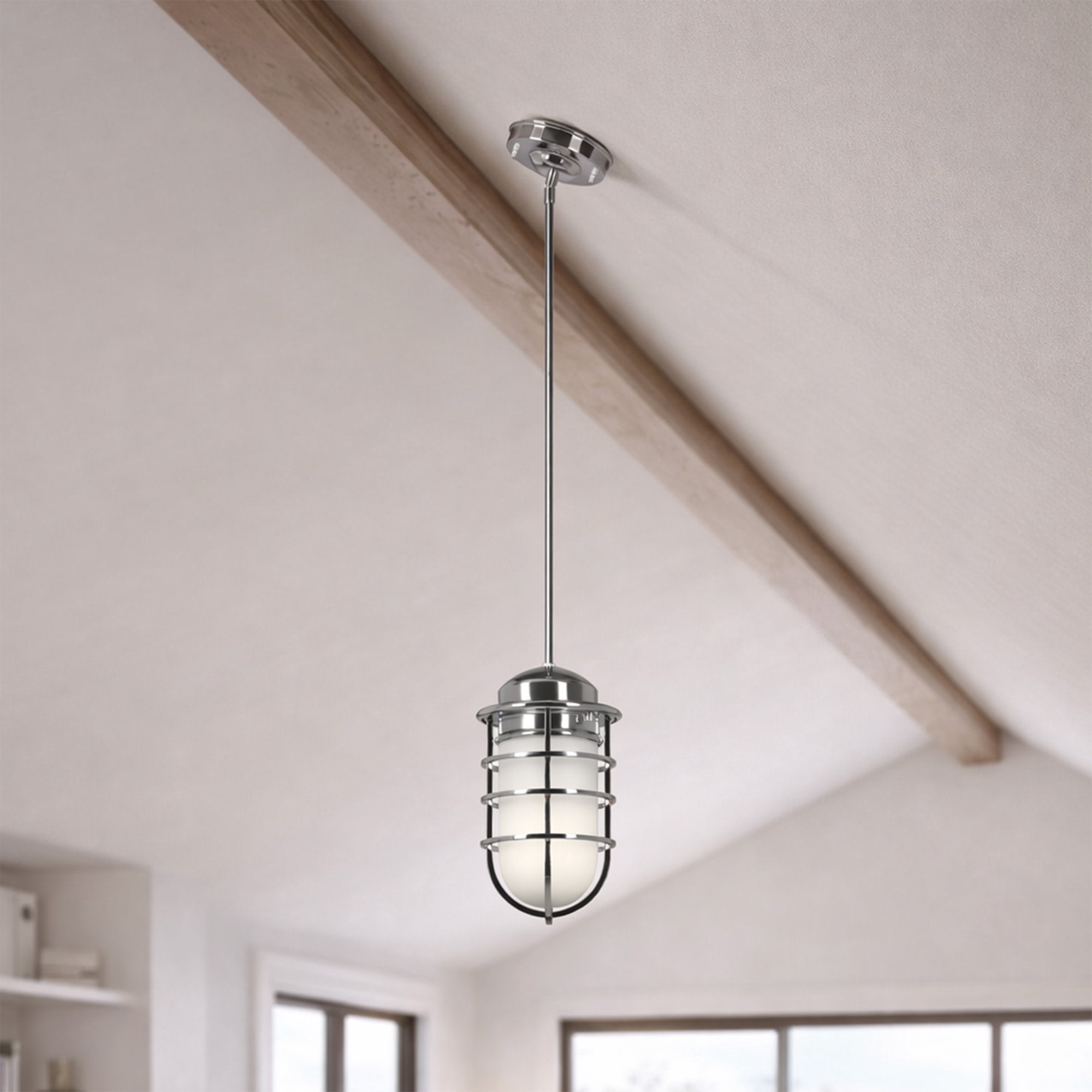 Polished Chrome Seaton 1-Light Dimmable Pendant with Removable Wire Cage and Frosted Glass, Sloped Ceiling Compatible