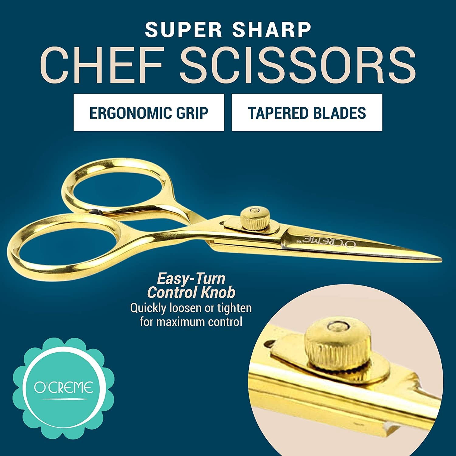 O'Creme Set of Culinary Tweezer Tongs Offset, Straight and Curved, Plus Super Sharp Chef Scissors, Total 6 Pieces Gold