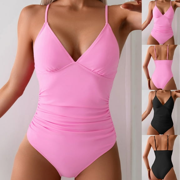 Holiday Promotion UTSJKR Women's One Piece Swimsuit Tummy Control V Neck Bathing Suits Slimming Backless Adjustable Strap Ruched Swimwear Black S