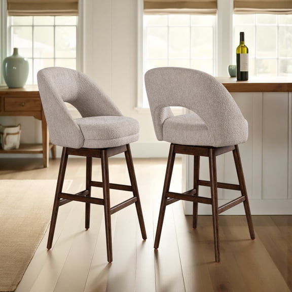 Adrian Brown Solid Wood Upholstered 30" Bar Height Swivel Barstool with Ancient Stone Fabric Seat - Set of 2