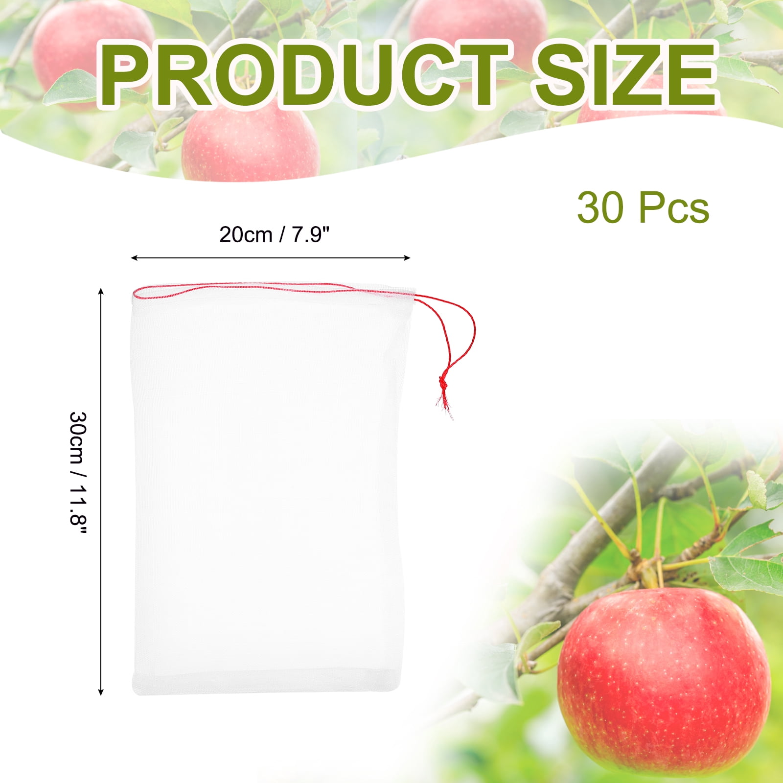 30Pcs Mesh Net, Netting Bags 11.8x7.9 inch 40D Garden Mesh Netting with Drawstring Bird Barrier Bags for Plant Fruit Flower Vegetable, White