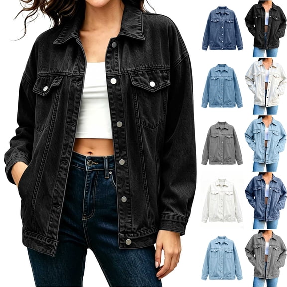 Smsaxvxz Women's Denim Jackets Spring Fall Fashion Vintage Button Down Long Sleeve Jean Coat with Pocket Black M