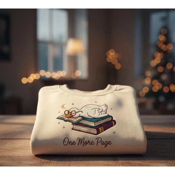 One More Page Embroidered Sweatshirt, Bookish Goose Cozy Reading Pullover, Gift for Book Lovers