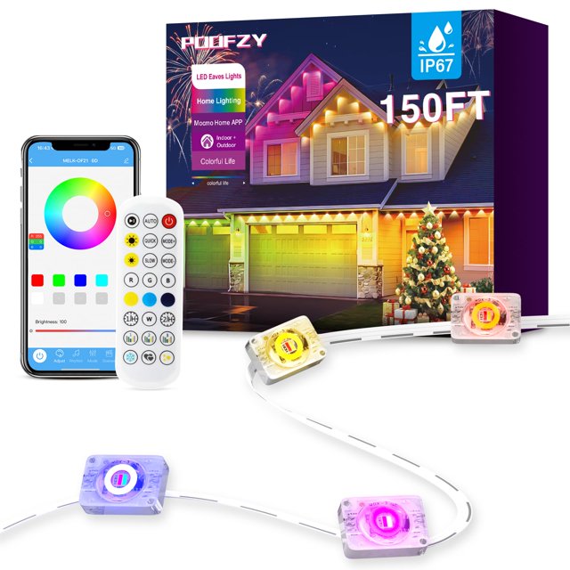 Cadena de luces POOFZY, 46 m, RGB+IC, 50 modos, control de aplicaciones IP68