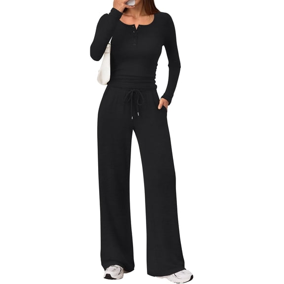 Women's 2 Piece Matching Lounge Sets Fall Fashion Outfits Henley Neck Sweater Top Wide Leg Pants Sweat Suits