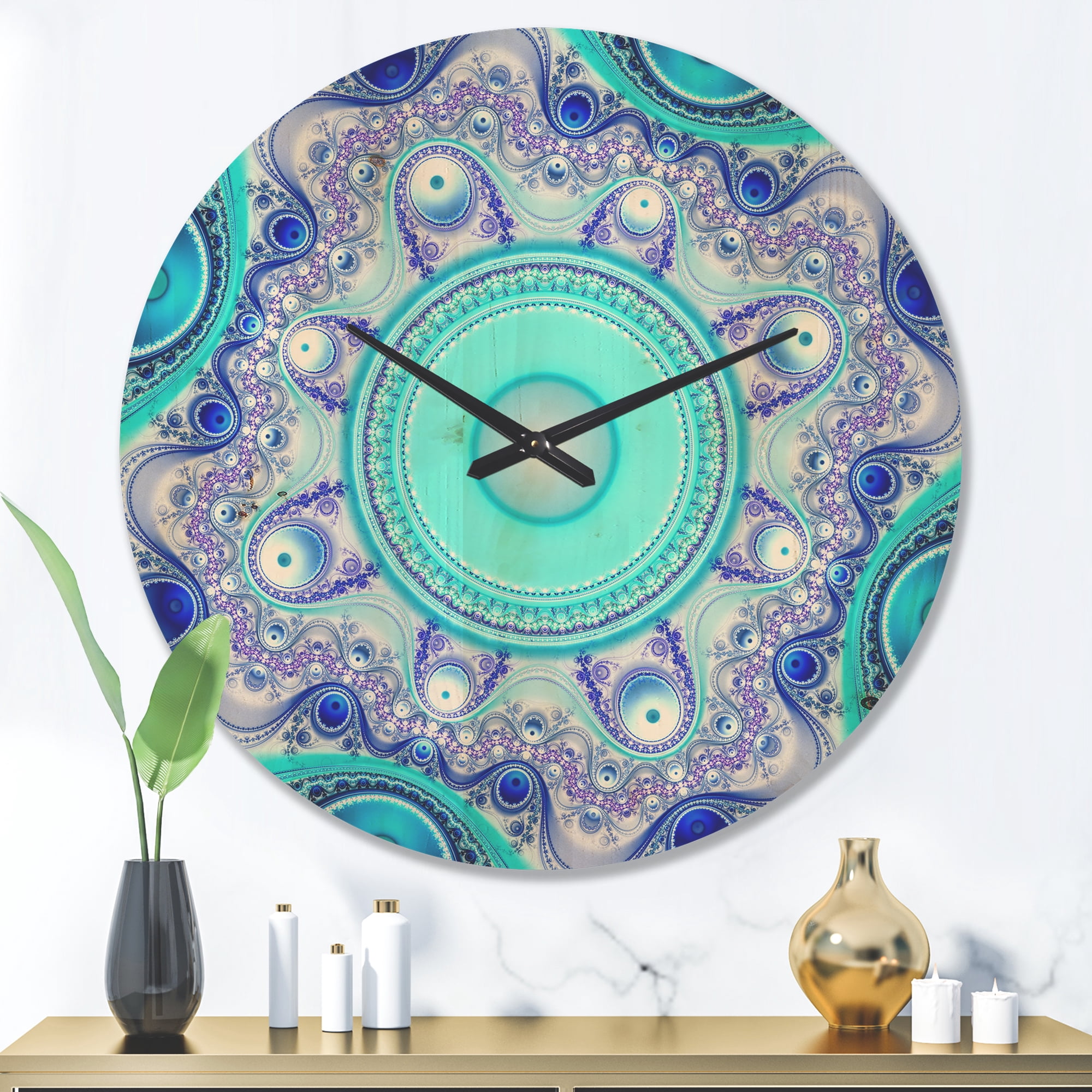 Designart 'Turquoise Wavy Circles and Curves' Modern Wood Wall Clock