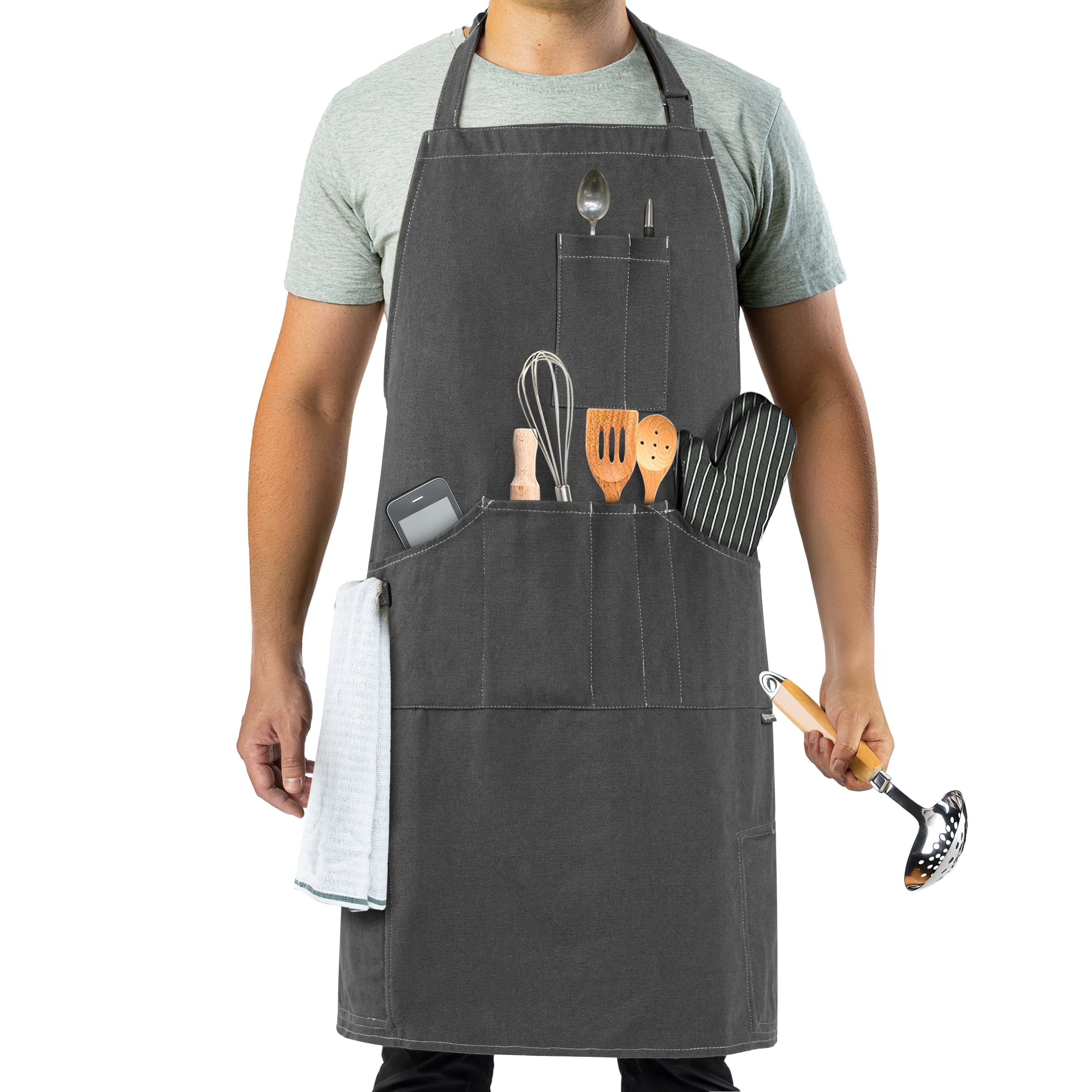 OPUX Chef Apron for Men, Canvas Apron with Pockets for Women, Large BBQ Apron for Kitchen Grilling Baking, Heavy Duty Work Apron with Adjustable Neck Strap for Barber Gardening, Grey