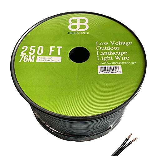 Dripstone Low Voltage 12AWG 2Core Outdoor Light Parallel Flat-Twin Bare Copper Wire Landscape Lighting Cable 12/2 (250ft), Black (600021)