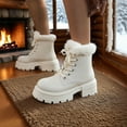 thumbnail image 2 of Rokment Winter Fuzzy Combat Boots for Women 2025 Fashion Leather Platform Chunky Heel Mid Calf Snow Ankle Booties, 2 of 8