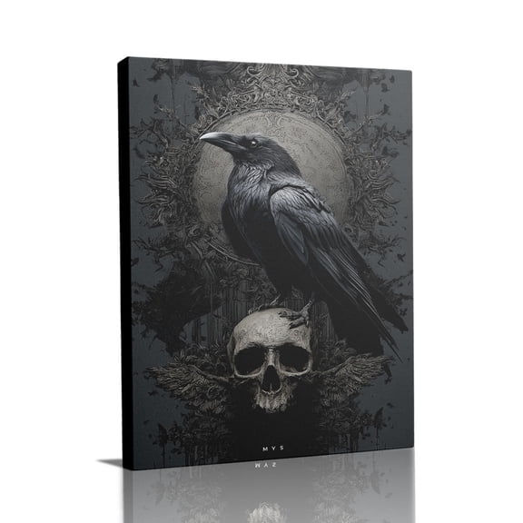“Crow on Skull” Gothic Canvas Wall Art Ready to Hang for Living Room and Bedroom