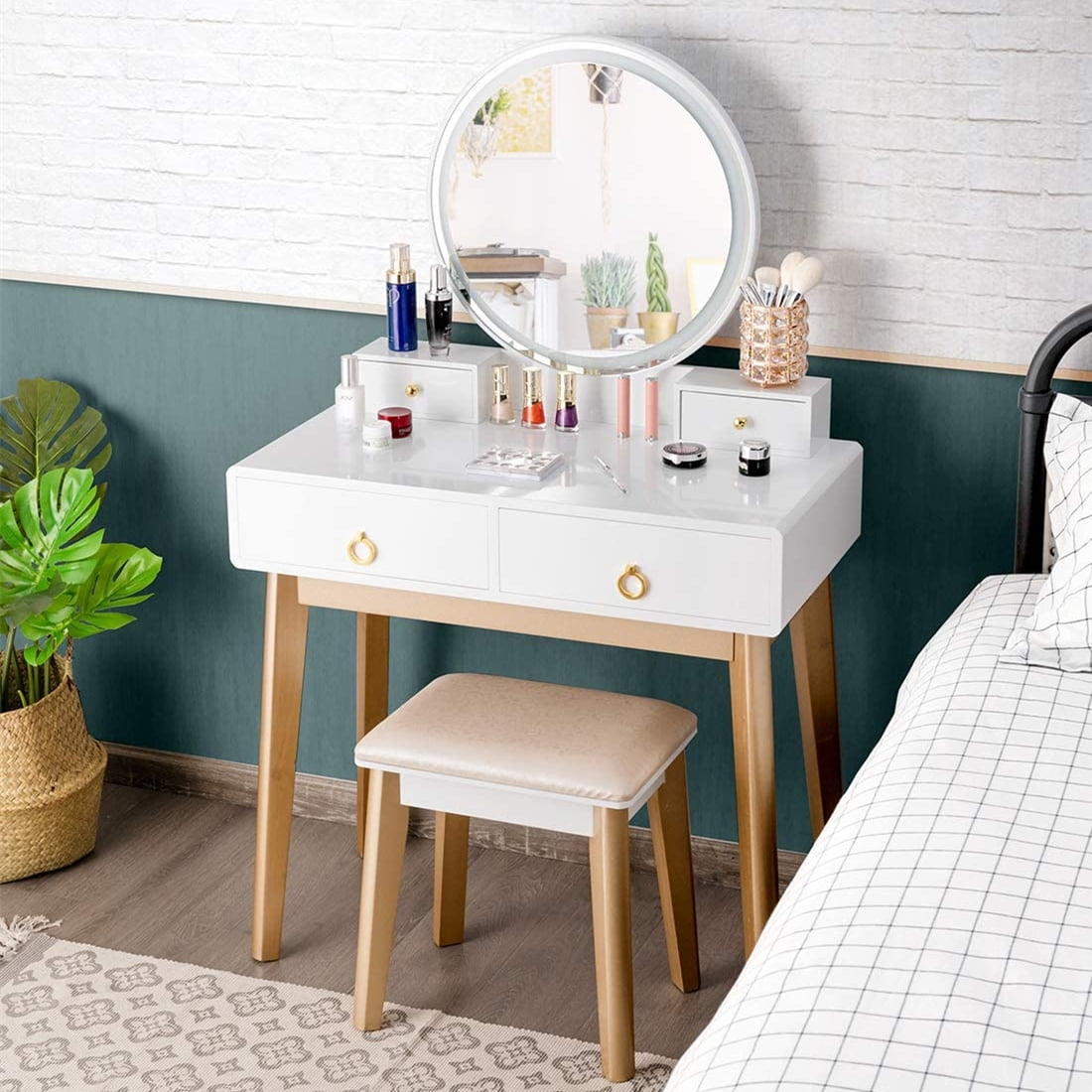 Ktaxon Vanity Table Set with Round Mirror for Girls White Bedroom