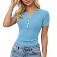 thumbnail image 2 of KIHOUT Women's Ribbed Knit Henley V-Neck Short Sleeve T-Shirt Stretchy Form-Fitting Casual Everyday Top, 2 of 6