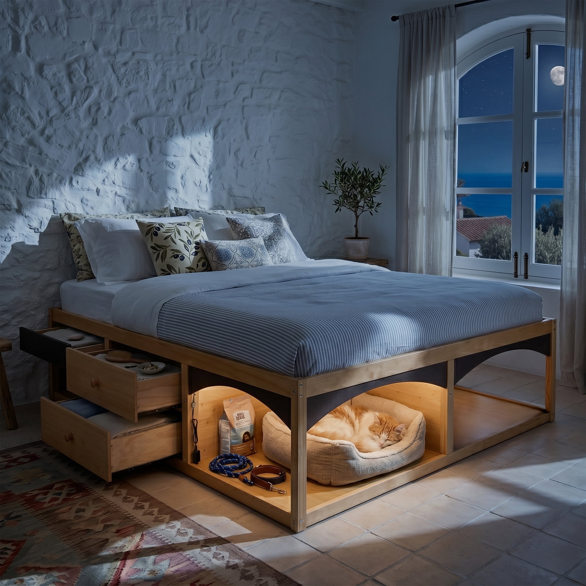 King Size Platform Bed with 2 Storage Drawers, Lighted Under-Bed Open Pet Space, No Headboard
